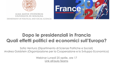 locandina del seminario con immagine repubblica francese, titolo e nomi dei due relatori