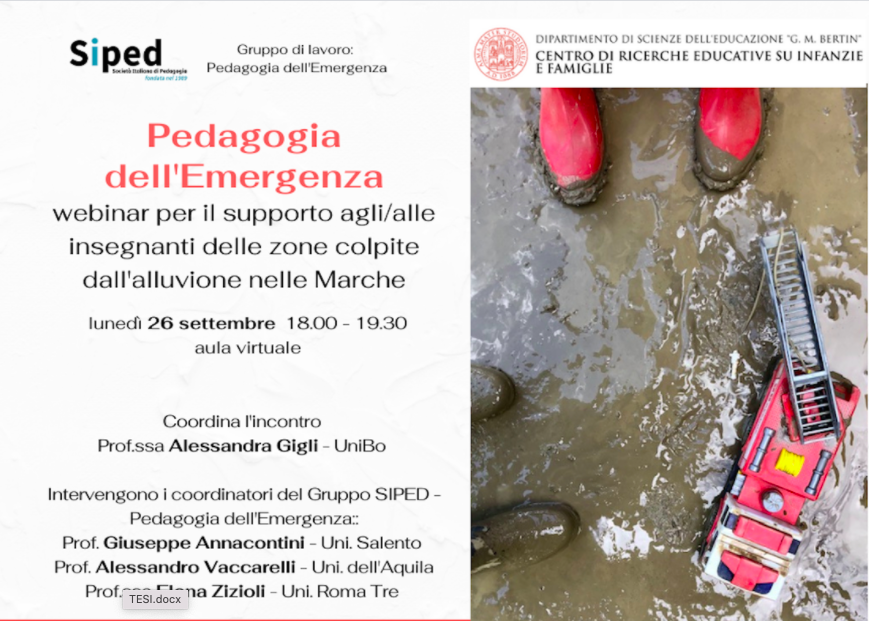 Pedagogia dell'Emergenza: webinar per il supporto delle/degli insegnanti delle zone colpite dall'alluvione nelle Marche