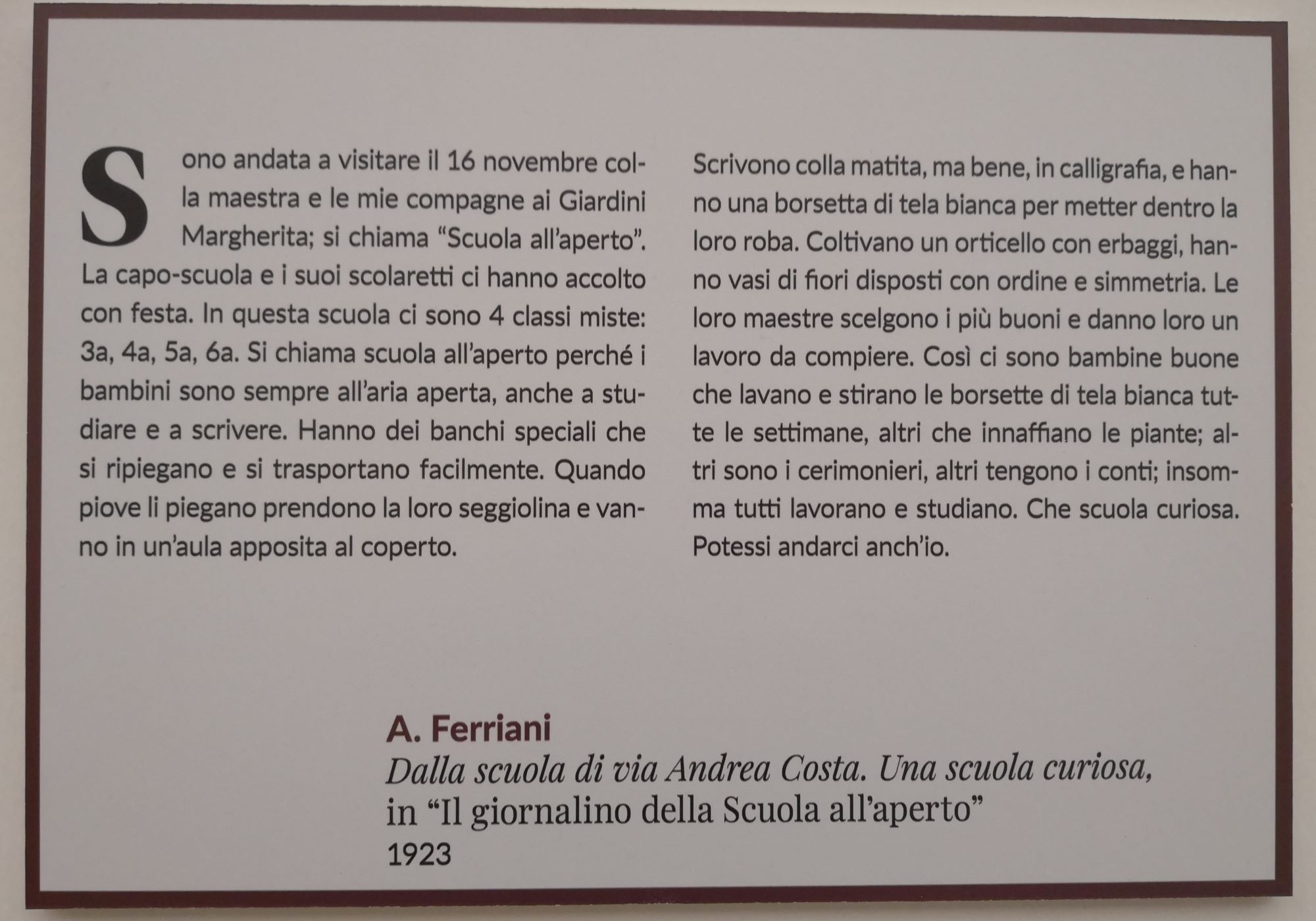 Testimonianza sulla scuola all'aperto Fortuzzi