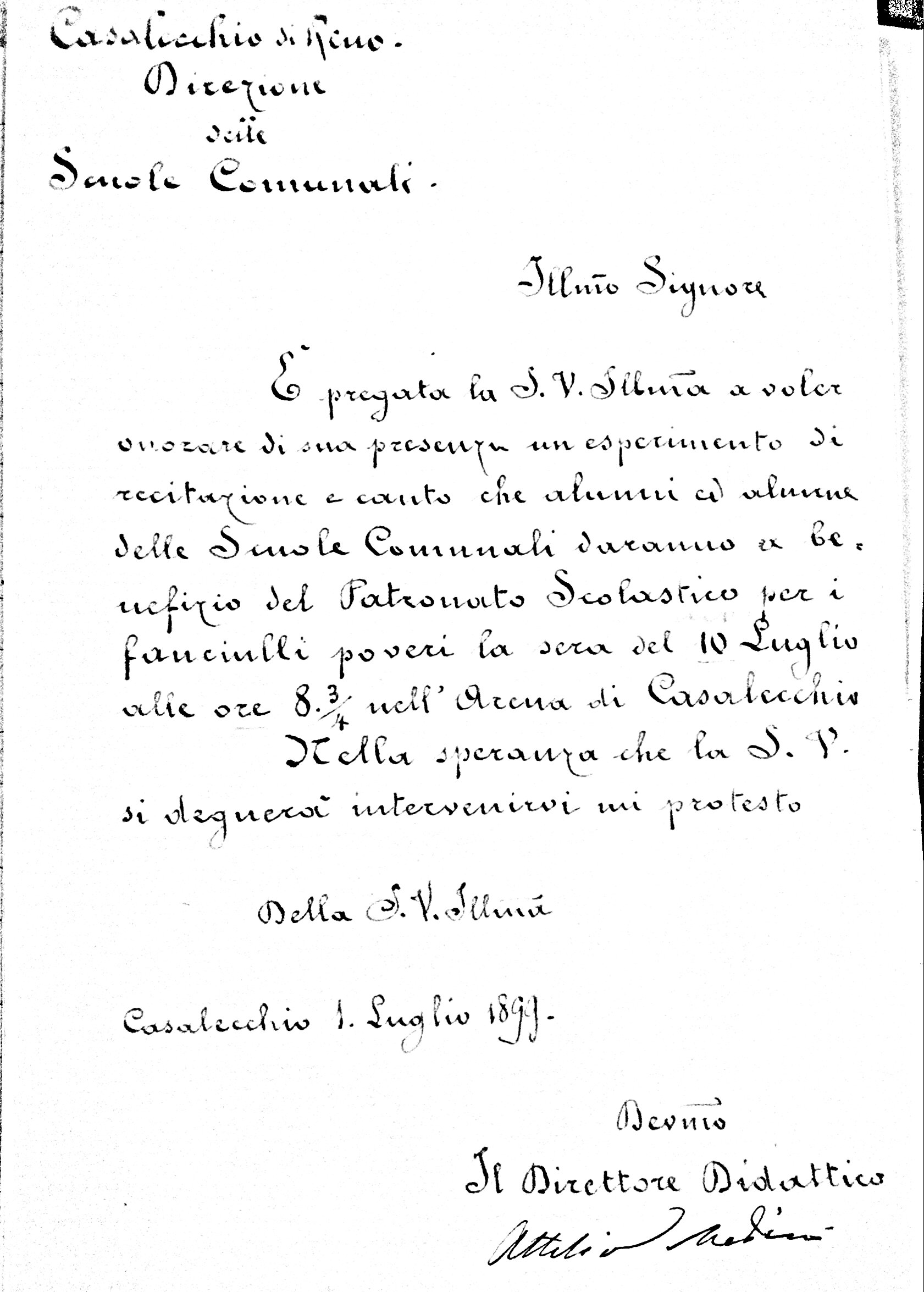 Invito alla partecipazione allo spettacolo degli alunni rivolto al Sindaco (Archivio storico del Comune di Casalecchio di Reno)