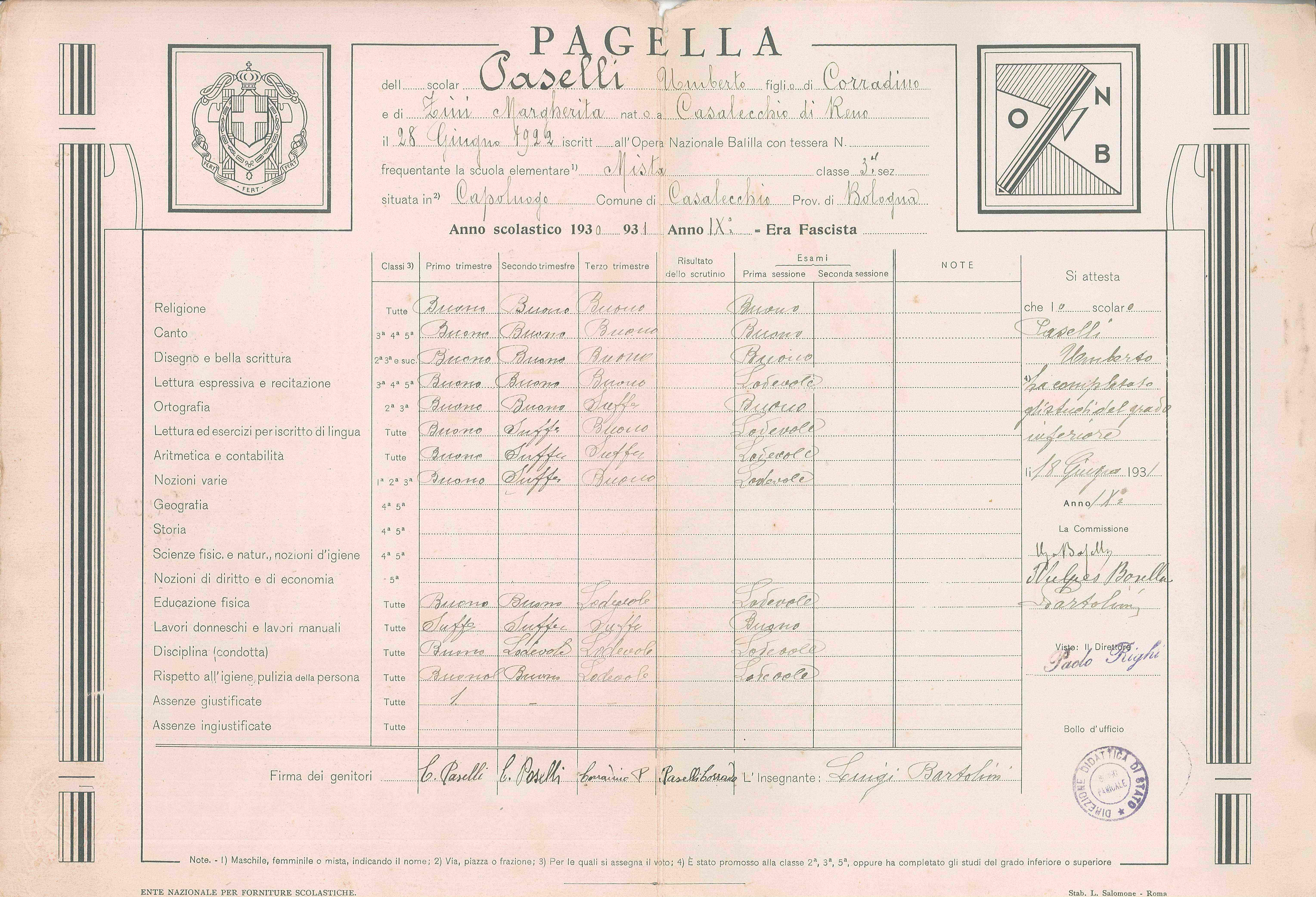 Pagella degli anni Trenta - interno (Biblioteca comunale di Casalecchio di Reno)