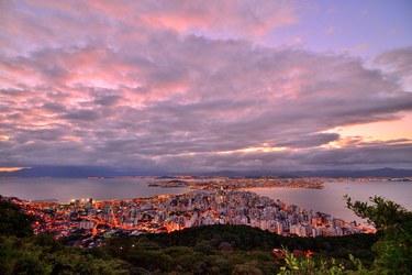 A cityscape with a body of water and a pink sky