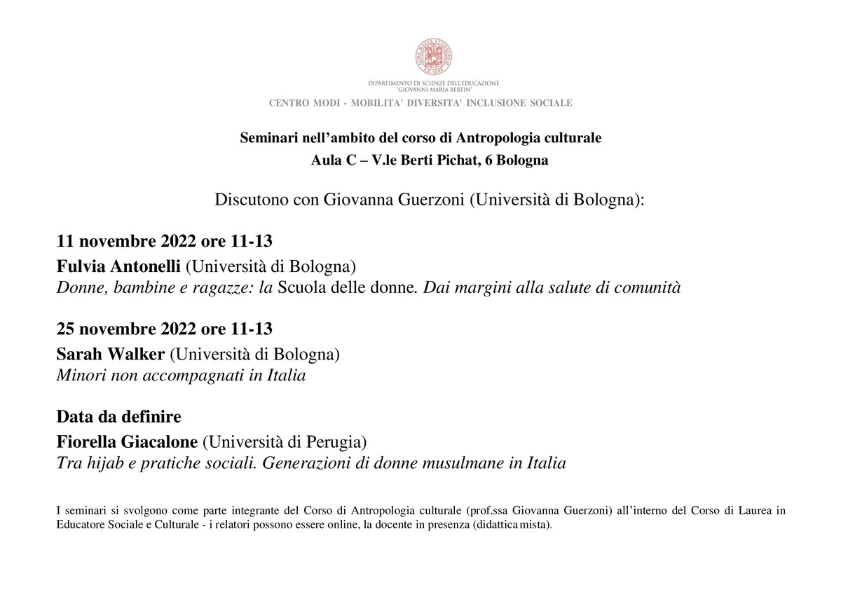 Seminari didattici - corso di Antropologia culturale ESC - Campus di Bologna